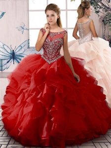 Fantastic Ball Gowns Sweet 16 Dresses Red Scoop Organza Sleeveless Floor Length Zipper