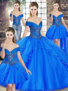 Eye-catching Tulle Off The Shoulder Sleeveless Lace Up Beading and Ruffles Sweet 16 Dress in Royal Blue