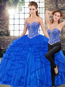 Customized Royal Blue Two Pieces Tulle Sweetheart Sleeveless Beading and Ruffles Floor Length Lace Up Sweet 16 Dresses