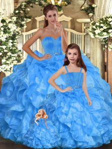 Romantic Baby Blue Ball Gowns Ruffles Quinceanera Dresses Lace Up Organza Sleeveless Floor Length