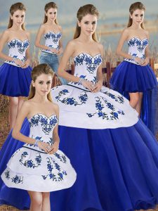 Dazzling Tulle Sweetheart Sleeveless Lace Up Embroidery and Bowknot Vestidos de Quinceanera in Royal Blue