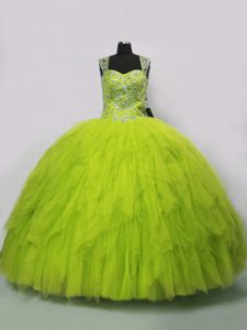 Modest Beading and Ruffles Ball Gown Prom Dress Yellow Green Lace Up Sleeveless Floor Length