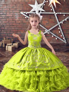 Pretty Straps Sleeveless Satin and Organza Kids Pageant Dress Embroidery and Ruffled Layers Lace Up
