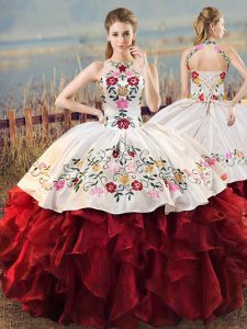 Embroidery and Ruffles Quinceanera Dresses White And Red Lace Up Sleeveless Floor Length