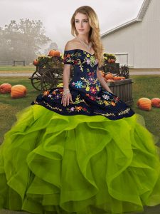 Sleeveless Tulle Floor Length Lace Up 15th Birthday Dress in Yellow Green with Embroidery and Ruffles