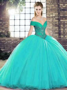 Sleeveless Beading Lace Up Quinceanera Dress with Turquoise Brush Train