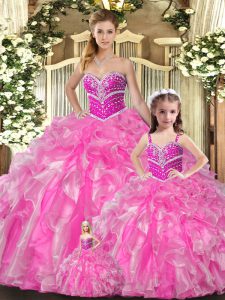 Beautiful Rose Pink Organza Lace Up Sweetheart Sleeveless Floor Length Sweet 16 Quinceanera Dress Beading and Ruffles