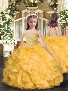 Eye-catching Gold Lace Up Little Girls Pageant Dress Wholesale Beading and Ruffles Sleeveless Floor Length