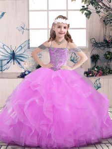 Custom Design Lilac Ball Gowns Straps Sleeveless Tulle Floor Length Lace Up Beading Little Girls Pageant Dress