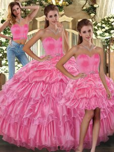 Floor Length Rose Pink Quinceanera Dresses Organza Sleeveless Ruffled Layers and Pick Ups