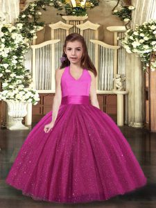 Sleeveless Floor Length Ruching Lace Up Little Girls Pageant Dress with Fuchsia