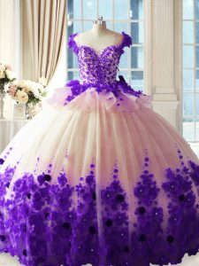 Tulle Scoop Sleeveless Brush Train Zipper Hand Made Flower Sweet 16 Dress in White And Purple