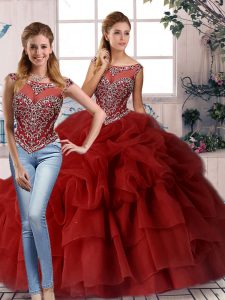 Wine Red Two Pieces Beading and Pick Ups Ball Gown Prom Dress Zipper Organza Sleeveless