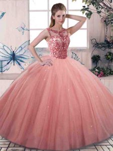 Watermelon Red Lace Up Scoop Beading Quinceanera Dresses Tulle Sleeveless