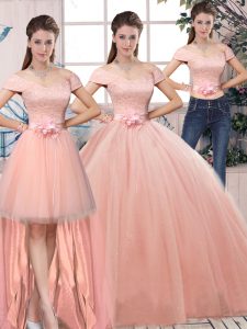 Short Sleeves Floor Length Lace and Hand Made Flower Lace Up Quinceanera Dress with Pink