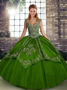 Straps Sleeveless Ball Gown Prom Dress Floor Length Beading and Embroidery Olive Green Tulle
