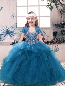 Blue Tulle Lace Up Straps Sleeveless Floor Length Little Girl Pageant Gowns Beading and Ruffles