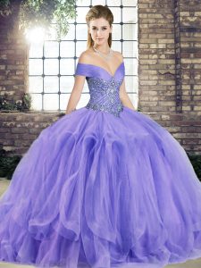 Lavender Ball Gowns Off The Shoulder Sleeveless Tulle Floor Length Lace Up Beading and Ruffles Quinceanera Dress