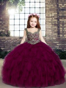 Ball Gowns Pageant Dress for Teens Fuchsia Straps Tulle Sleeveless Floor Length Lace Up