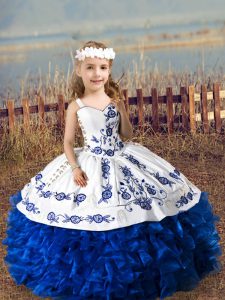 Amazing Straps Sleeveless Lace Up Girls Pageant Dresses Royal Blue Organza