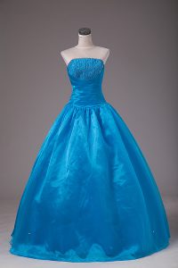 Traditional Sleeveless Organza Floor Length Lace Up 15th Birthday Dress in Blue with Beading
