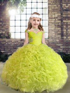 Fabric With Rolling Flowers Straps Sleeveless Lace Up Beading and Ruffles Little Girls Pageant Gowns in Yellow Green