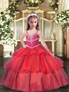 Ball Gowns Little Girl Pageant Gowns Red Straps Organza Sleeveless Floor Length Lace Up