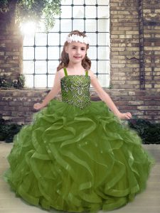 Olive Green Sleeveless Beading and Ruffles Floor Length Child Pageant Dress