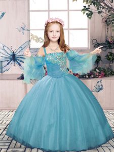 Hot Sale Blue Tulle Lace Up Kids Formal Wear Sleeveless Floor Length Beading