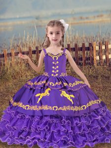 Stunning Lavender Sleeveless Organza Lace Up Little Girls Pageant Gowns for Wedding Party
