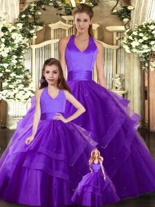 Exceptional Purple Sleeveless Floor Length Ruching Lace Up Quinceanera Gown