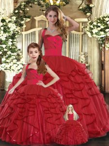 Tulle Straps Sleeveless Lace Up Ruffles 15th Birthday Dress in Red