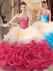 Red Ball Gowns Beading and Ruffles 15 Quinceanera Dress Lace Up Fabric With Rolling Flowers Sleeveless Floor Length