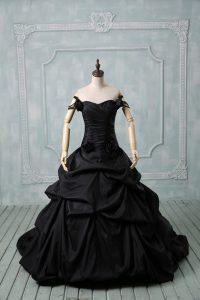 Pretty Taffeta Sleeveless Quinceanera Gown Brush Train and Pick Ups and Hand Made Flower