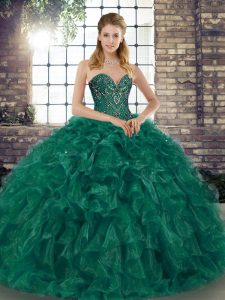 Low Price Beading and Ruffles Sweet 16 Dress Green Lace Up Sleeveless Floor Length