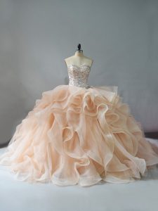 Beautiful Sleeveless Beading and Ruffles Lace Up 15 Quinceanera Dress with Champagne and Pink And White Brush Train