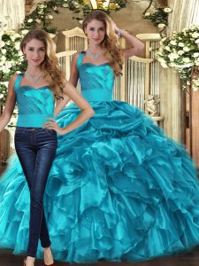 Floor Length Teal Quinceanera Dresses Halter Top Sleeveless Lace Up