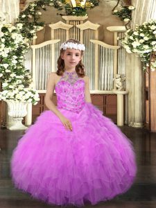 Halter Top Sleeveless Tulle Child Pageant Dress Beading and Ruffles Lace Up
