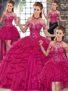 Halter Top Sleeveless Quinceanera Gowns Floor Length Beading and Ruffles Fuchsia Tulle