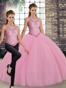 Ideal Tulle Scoop Sleeveless Lace Up Embroidery Quinceanera Dresses in Pink