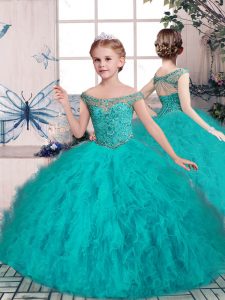 Perfect Teal Kids Pageant Dress Party and Sweet 16 and Wedding Party with Beading Off The Shoulder Sleeveless Lace Up