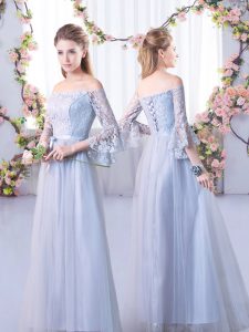 Glittering Grey Tulle Lace Up Off The Shoulder 3 4 Length Sleeve Floor Length Court Dresses for Sweet 16 Lace