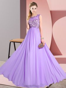 Elegant Lavender Empire Scoop Sleeveless Chiffon Floor Length Backless Beading and Appliques Dama Dress for Quinceanera
