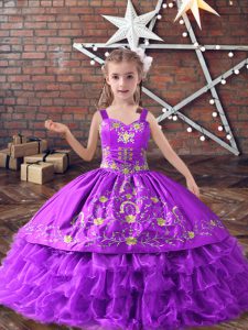Stunning Lavender Satin and Organza Lace Up Straps Sleeveless Floor Length Pageant Gowns For Girls Embroidery and Ruffled Layers