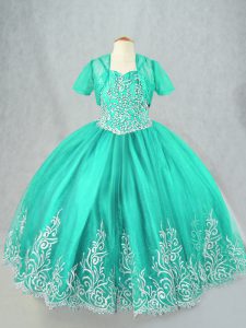 Floor Length Lace Up Girls Pageant Dresses Turquoise for Wedding Party with Beading and Embroidery