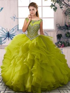 Floor Length Zipper Party Dresses Olive Green for Sweet 16 and Quinceanera with Beading and Ruffles