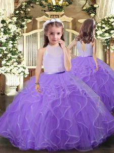 Lavender Tulle Backless Pageant Gowns For Girls Sleeveless Floor Length Ruffles