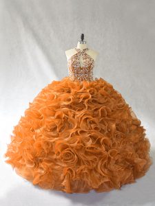 Ideal Orange and Brown Organza Lace Up Halter Top Sleeveless Vestidos de Quinceanera Brush Train Beading and Ruffles