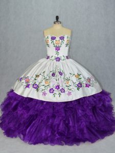 Chic White And Purple Sweetheart Lace Up Embroidery and Ruffles 15 Quinceanera Dress Sleeveless