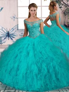 Stunning Aqua Blue Ball Gown Prom Dress Off The Shoulder Sleeveless Brush Train Lace Up